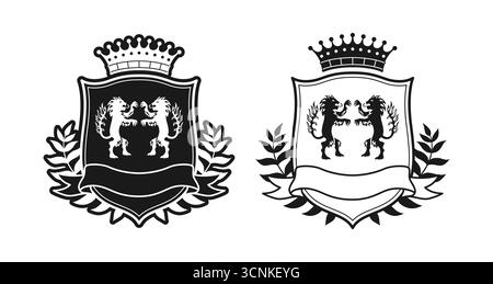 Armoiries avec deux lions royaux et couronne de laurier, avec bouclier en ruban, couronne. Écusson héraldique emblèmes médiévaux logo Royaume fantastique. Illustration noir et blanc monochrome de conception graphique vectorielle Illustration de Vecteur