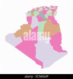 Carte en pointillés de l'Algérie. Carte de style numérique du pays sur fond blanc. Forme algérienne avec des points circulaires. Style de points colorés. Cercles de petite taille. Illustration de Vecteur