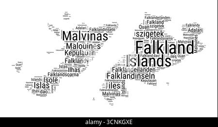 Le mot nuage noir et blanc en forme d'îles Falkland. Illustration de pays de style typographique simple. Illustration de Vecteur