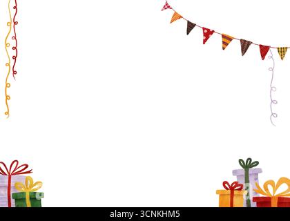 Illustration aquarelle mignonne de banderole de fête colorée, de rubans bouclés et de boîtes-cadeaux empilées en rouge, vert, jaune, violet. Parfait pour anniversaire invi Banque D'Images