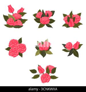 Roses rose vif. Un ensemble de compositions pour votre conception. Illustration vectorielle sur un fond blanc. Illustration de Vecteur