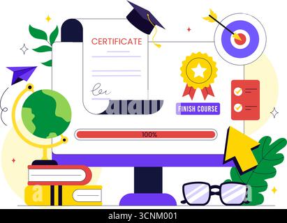 Illustration du programme de certificat de cours en ligne avec système de gestion de l'apprentissage avec application mobile, coach en ligne et développement des compétences Illustration de Vecteur