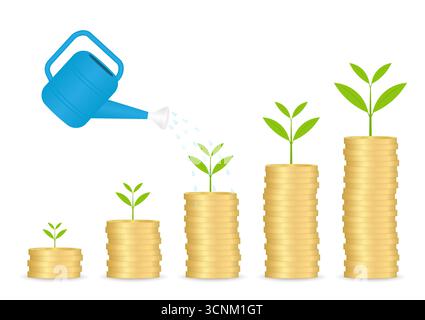 Arrosage de l'usine d'argent. Croissance des bénéfices de l'entreprise grâce au revenu passif. Croissance de l'argent, de l'épargne et du concept d'investissement. Illustration de Vecteur