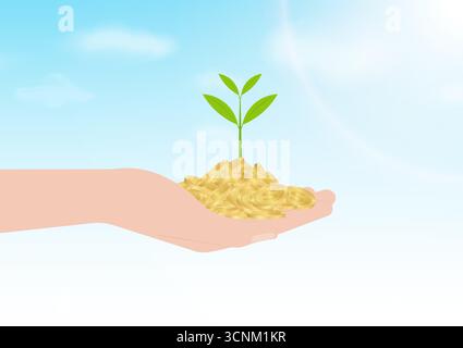 Main tenant des pièces de monnaie et usine de monnaie. Illustration vectorielle sur fond blanc. Croissance de l'argent, de l'épargne et du concept d'investissement. Illustration de Vecteur