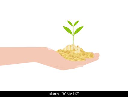 Main tenant des pièces de monnaie et usine de monnaie. Illustration vectorielle sur fond blanc. Croissance de l'argent, de l'épargne et du concept d'investissement. Illustration de Vecteur