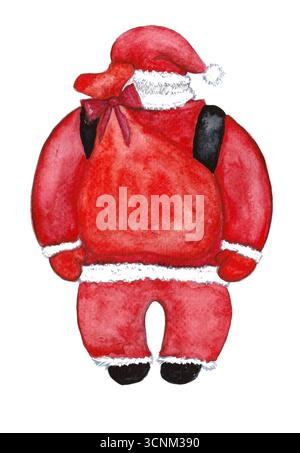 Illustration aquarelle du Père Noël de derrière, portant sac cadeau rouge. Le sac avec des cadeaux est habillé comme sac à dos. Avec sangles noires. Personnage festif peint à la main isolé sur fond blanc. Banque D'Images