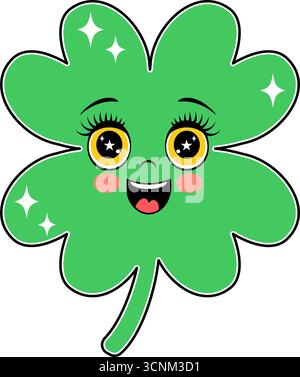 Un mignon kawaii souriant personnage de trèfle à quatre feuilles avec de grands yeux Illustration de Vecteur