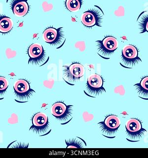 Modèle sans couture des yeux et des coeurs de poupée sur un fond bleu clair. Illustration de Vecteur
