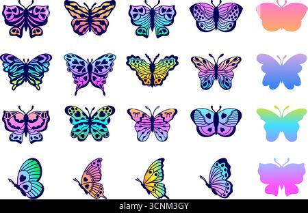 Collection de papillons de couleur dégradé dans le style doodle Illustration de Vecteur