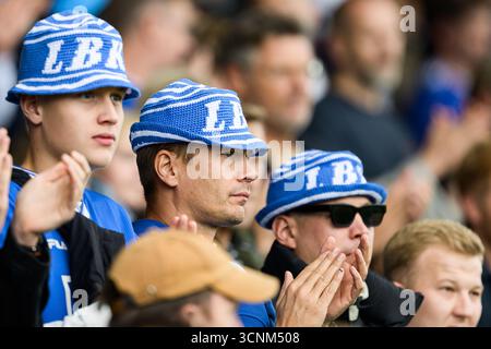 Lyngby, Danemark. 21 septembre 2025. Les fans de football de Lyngby BK vus sur les gradins lors du match de Betinia Liga entre Lyngby BK et HB Koege au Lyngby Stadion à Lyngby. Crédit : Gonzales photo/Alamy Live News Banque D'Images