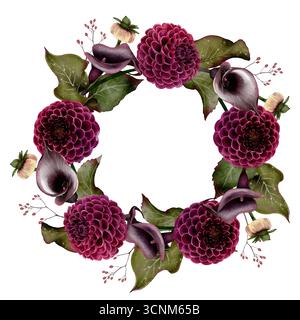Illustration aquarelle de dahlia et couronne de lis calla avec des feuilles vertes dans un cadre floral circulaire sur fond blanc. pour mariage, sympathie, funérailles Banque D'Images