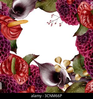 Cadre floral carré avec lys calla violets, dahlias et anthuriums rouges, dessin aquarelle. Parfait pour les invitations, cartes de mariage, affiches, packagi Banque D'Images