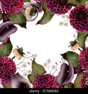 Cadre floral carré avec dahlias Bordeaux, lys calla foncés et feuilles décoratives, dessin aquarelle. Idéal pour les invitations de mariage, emballage, poste Banque D'Images