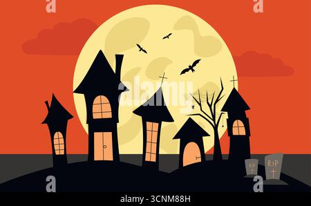 Silhouette sombre de maisons et d'église contre grande pleine lune. Scène inquiétante d'Halloween. Maisons hantées escarpées, arbre tordu avec des toiles d'araignées Illustration de Vecteur