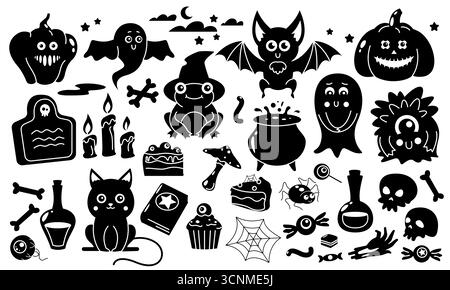 Silhouettes d'Halloween. Autocollants effrayants effrayants avec des symboles effrayants traditionnels, des éléments de monstre fantôme noir pour la bannière d'affiche de fête d'octobre. Vecteur Illustration de Vecteur