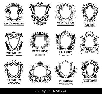 Boucliers décoratifs royaux. Badges héraldiques noirs cadres pour blason des icônes de sécurité militaire, silhouettes d'emblème médiéval vintage avec place pour Illustration de Vecteur