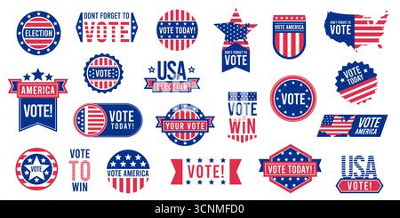 Label vote américain. Badge électoral des États-Unis avec vote textuel, autocollants pour le concours du parti politique, bulletin de vote de campagne présidentielle. Collection vectorielle Illustration de Vecteur