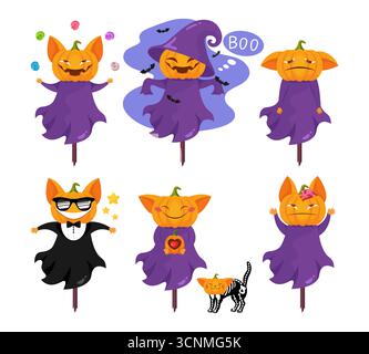 Ensemble de caractères d'épouvantail de citrouille. Ensemble emoji mascotte de citrouille mignon d'Halloween. Illustration vectorielle Illustration de Vecteur