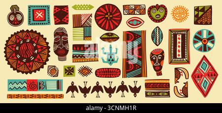 Eléments de motif africain. Art africain tribal traditionnel géométrique, collection d'imprimés ethniques grunge abstraits pour un design de décoration naïf. Vecteur folk Illustration de Vecteur