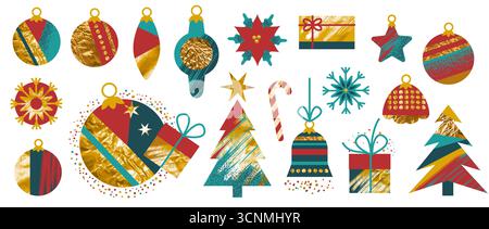 Éléments texturés de Noël. Symboles mignons de vacances d'hiver traditionnels avec texture rugueuse de surface dorée grunge , décoration de vacances de nouvel an de dessin animé Illustration de Vecteur