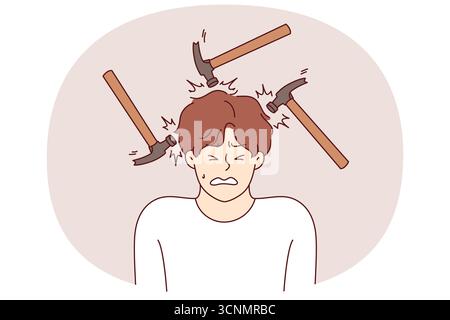 Maux de tête et migraines tourmentent l'homme faisant une grimace douloureuse, debout parmi les marteaux. Le problème des maux de tête causés par le stress et les voisins bruyants nécessite la prise d'antibiotiques et d'analgésiques Illustration de Vecteur