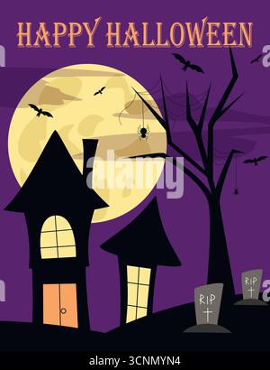 Carte sur le thème d'Halloween, graphiques vectoriels. La disposition comprend des maisons, la pleine lune, l'arbre mort avec des toiles d'araignée, des tombes et des chauves-souris. Texte de voeux : Halloween joyeux Illustration de Vecteur