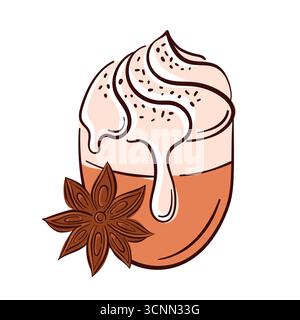 Illustration d'un café chaud crémeux ou cacao recouvert de crème fouettée et d'épices saupoudrées décoré d'un anis étoilé isolé sur fond blanc Illustration de Vecteur