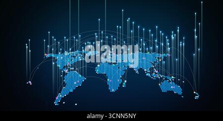 Carte du monde futuriste avec des nœuds numériques lumineux symbolisant le big data, le réseau mondial, le cloud computing, la communication en ligne, la technologie d'entreprise, et w Banque D'Images