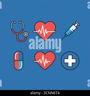 Jeu d'icônes de soins de santé le plus vendu – stéthoscope, seringue, pack vectoriel de pilule Illustration de Vecteur