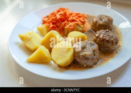 Plat de dîner avec pommes de terre jaunes, boulettes de viande et carottes Banque D'Images