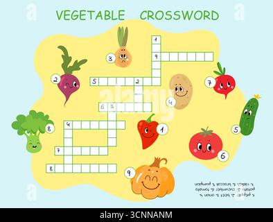 Mots croisés pour enfants de légumes. Jeu éducatif pour les enfants avec des légumes. Dessin animé oignon tomate poivre concombre citrouille, de nos jours origina de modèle vectoriel Illustration de Vecteur