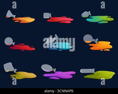 Potion renversée. Différentes bouteilles en verre dans des flaques toxiques. Matériel magique de sorcière, poison ou couleurs de néon liquide dangereux. Éléments de déversement Sapid vecto Illustration de Vecteur