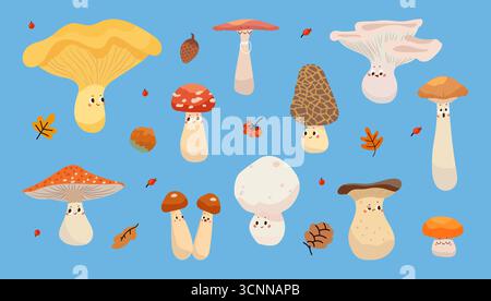 Champignons drôles. Plantes forestières, divers personnages de champignons. Éléments de plantes sauvages saisonnières comestibles et tabourets. Dessin animé de nos jours vecteur clipart origine Illustration de Vecteur