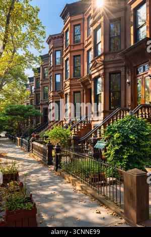 Rangée de maisons de ville en grès brun dans le quartier historique de Park Slope, Brooklyn, New York Banque D'Images