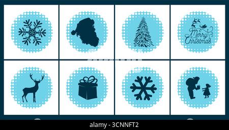 Autocollants de Noël ronds étiquettes avec silhouette. Joyeux Noël et bonne année. dessiné à la main. Pas ai, illustration vectorielle Illustration de Vecteur