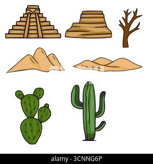 Une illustration vectorielle fantaisiste mettant en vedette une collection d'éléments du désert : pyramides mayas, dunes de sable, cactus, et un arbre aride, rendu dans un Hand-dr. Illustration de Vecteur