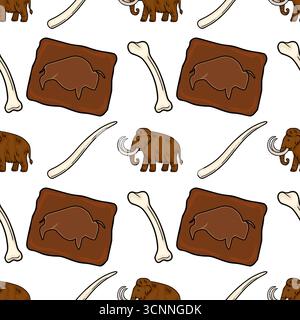 Motif vectoriel sans couture avec mammouths laineux, leurs défenses, os et illustrations de bison de style peinture caverne, créant une préhistorique, educationa Illustration de Vecteur