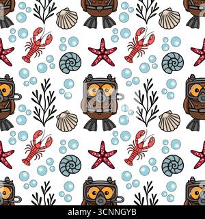 Motif vectoriel sans couture avec un hibou de plongée sous-marine, la vie marine et des éléments sous-marins, créant une scène sous-marine fantaisiste et ludique. Illustration de Vecteur