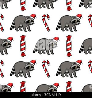 Motif vectoriel sans couture avec d'adorables ratons laveurs portant des chapeaux de Père Noël et entourés de cannes de bonbons et de bonbons enveloppés, créant un Noël festif Illustration de Vecteur