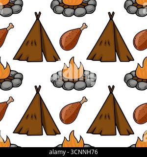 Motif vectoriel sans couture avec des illustrations dessinées à la main d'un tipi, d'un feu de camp avec des pierres et d'une cuisse de poulet rôtie, créant un thème de camping rustique Illustration de Vecteur