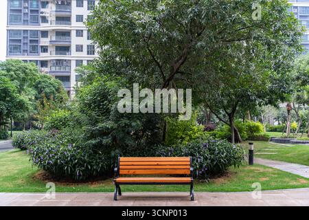 Banc en bois dans un parc de la ville avec de la verdure et des immeubles d'appartements - le lac de l'Ouest à Huizhou, province du Guangdong, Chine, est une attraction touristique avec une architecture ancienne Banque D'Images