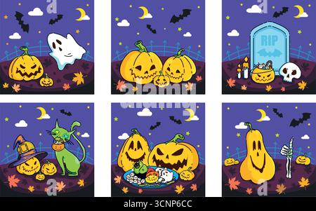 Amusez-vous à Halloween fantaisiste avec des citrouilles colorées et des fantômes et spiritueux ludiques Illustration de Vecteur