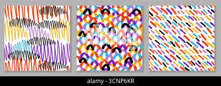 Définir des motifs sans couture de ligne colorée doodle. Fond d'art de style minimaliste créatif, design tendance avec des formes de base. Toile de fond abstraite moderne. Illustration de Vecteur