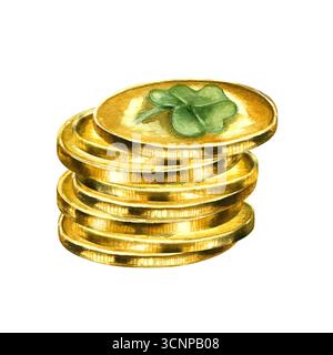 Pile de pièces de monnaie en métal d'or avec illustration traditionnelle de l'aquarelle de feuille de trèfle sur fond isolé. Symboles d'argent en or Patrick jour Banque D'Images