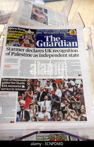 Keir 'Starmer déclare que le Royaume-Uni reconnaît la Palestine comme État indépendant' journal Guardian titre première page Israël guerre 22 septembre 2025 Londres Royaume-Uni Banque D'Images