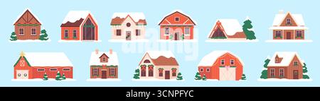 Maisons de campagne de Noël. Décorations de vacances saisonnières sur des bâtiments de campagne en bois. Chalets de village, cabines avec guirlandes et couronne, vecteur racé Illustration de Vecteur