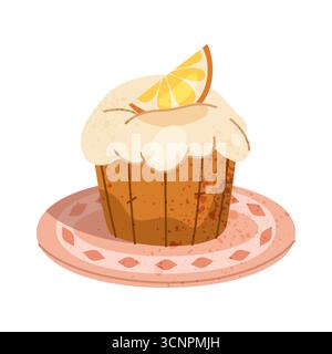 Gâteau au citron ou dessert sucré sur assiette. Traitement vectoriel avec glaçage et glaçage pour fête d'anniversaire ou célébration. Nourriture pour snack et café, restaurant servant. Culinaire, boulangerie et délicat, confiserie. Illustration de Vecteur