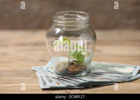 Pot en verre avec pièces de monnaie, germe et dollars sur la table en bois, gros plan Banque D'Images