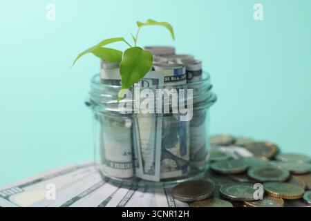 Pot en verre avec dollars, germe et pièces de monnaie sur fond bleu clair, gros plan Banque D'Images
