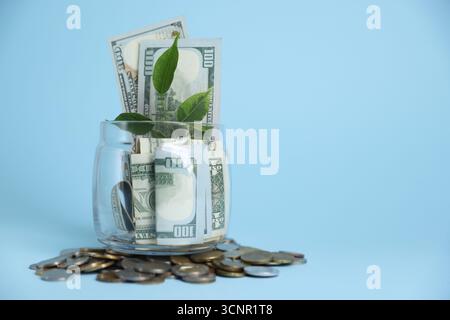 Pot en verre avec germe, dollars et pièces de monnaie sur fond bleu clair, espace pour le texte Banque D'Images